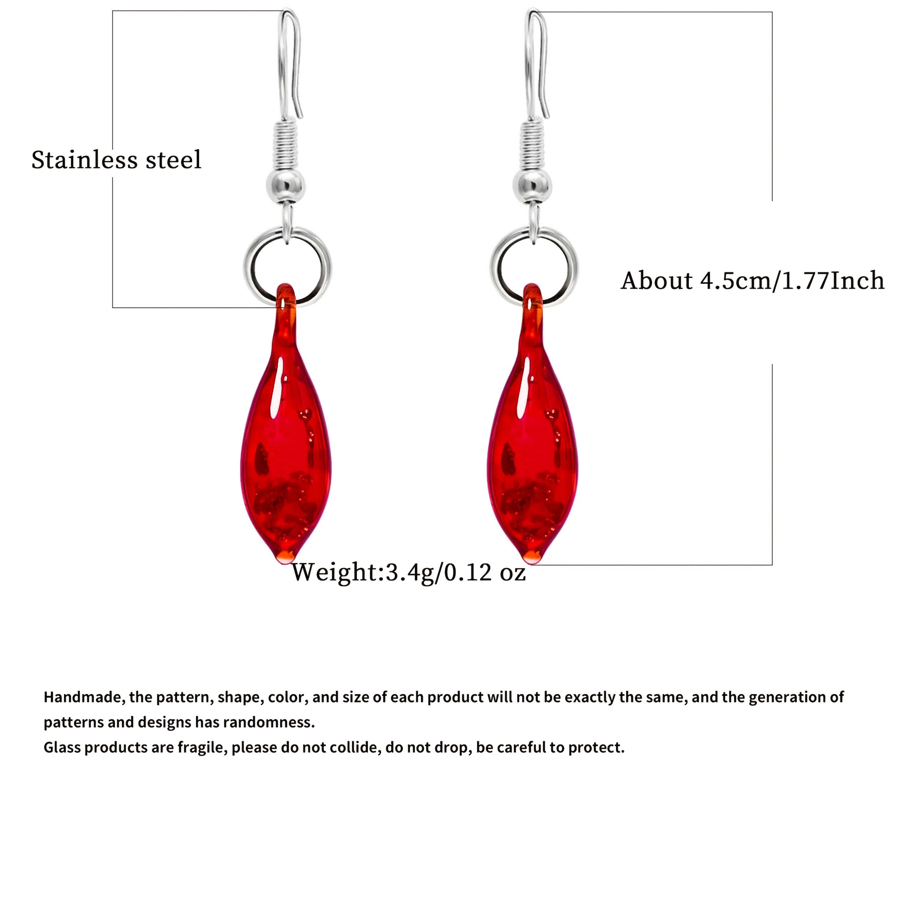 Women's Unique Teardrop Glass Pendant Earrings, Handmade